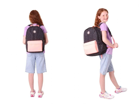 Kaukko Kız Çocuk Çizgi Desenli Üç Gözlü İlkokul Çantası ve Kalemlik Seti - Siyah Somon - Resim 3