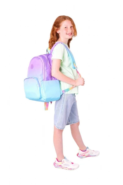 Kaukko Rainbow Kız Çocuk Üç Bölmeli İlkokul ve Ortaokul Çantası - Mor Turkuaz Renk Geçişli - K1799 - 5