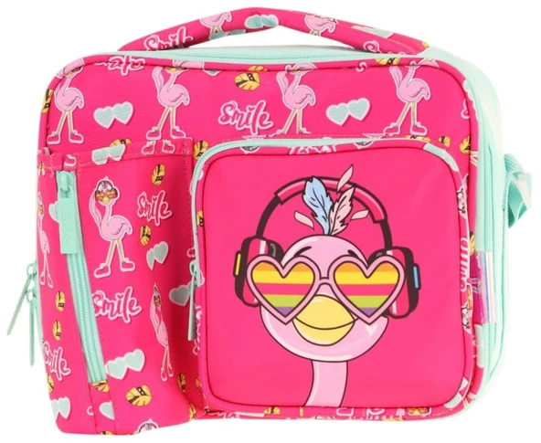 Kaukko Kız Çocuk, Kırmızı Yeşil, Flamingo Desenli Isı Yalıtımlı Üç Bölmeli (Matara Cepli) Okul Beslenme Çantası L7235 - Resim 2