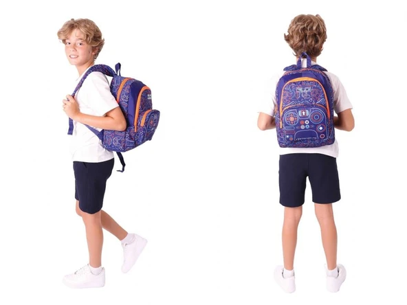 Kaukko Kids Oyun Temalı Erkek Çocuk Lacivert Turuncu Okul Çantası ve Beslenme Çanta Takımı - Resim 3