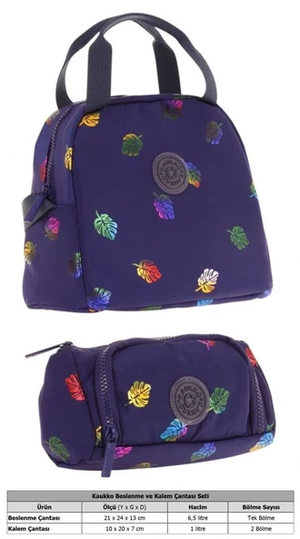 Kaukko Shine Yaprak Desenli Lacivert Kız Çocuk Beslenme Çantası ve Kalem Çantası Seti - Resim 2