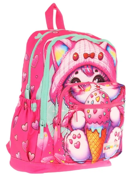 Kaukko Dört Bölmeli (Kız Çocuk - Pembe - Dondurma Yiyen Kedi) - İlkokul Okul Sırt Çantası - L5250 ürün görseli