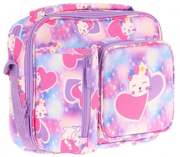 Kaukko Kız Çocuk, Lila Pembe, Kalpli Kedi Baskılı Isı Yalıtımlı Üç Bölmeli (Matara Cepli) Okul Beslenme Çantası L7219