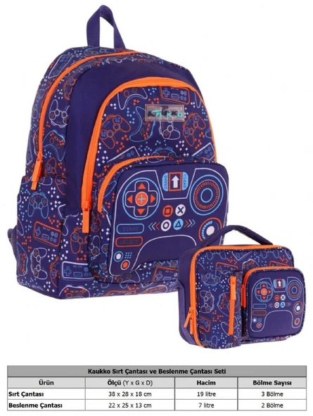 Kaukko Kids Oyun Temalı Erkek Çocuk Lacivert Turuncu Okul Çantası ve Beslenme Çanta Takımı - Resim 2