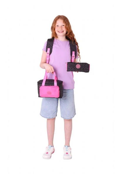 Kaukko Çizgi Desenli Siyah Fuşya Kız Çocuk Üçlü Okul Çanta Seti - Resim 3