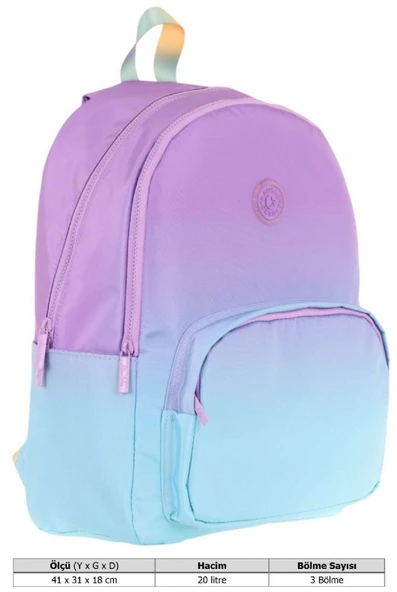 Kaukko Rainbow Kız Çocuk Üç Bölmeli İlkokul ve Ortaokul Çantası - Mor Turkuaz Renk Geçişli - K1799 - 4