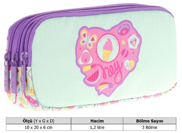 Kaukko Kids Üç Bölmeli Turkuaz Mor, Şekerleme Baskılı, Kız Çocuk Okul Kalemliği - L8230 - Resim 3