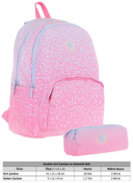 Kaukko Nokta Desenli Pembe Kız Çocuk Okul Çantası ve Kalemlik Seti (KK - K1803+KK - K2714) - Resim 2