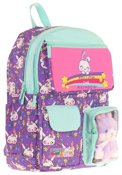 Kaukko Kız Çocuk Peluş Tavşanlı İlkokul Okul Sırt Çantası - Mor Yeşil - L5242 ürün görseli