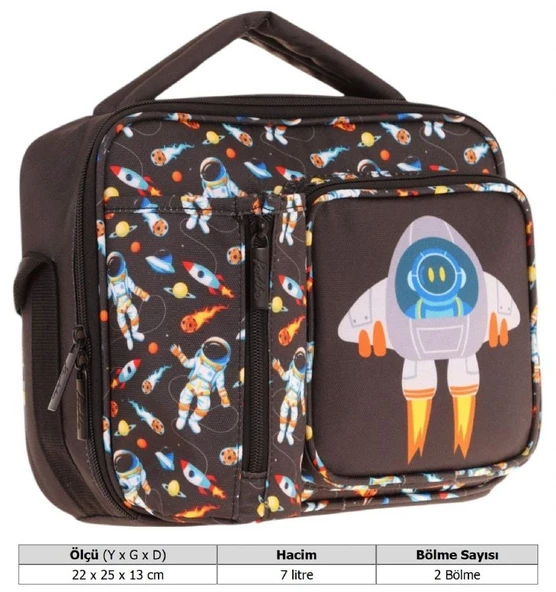 Kaukko Erkek Çocuk, Siyah, Roket Baskılı Isı Yalıtımlı Üç Bölmeli (Matara Cepli) Okul Beslenme Çantası L7264 - Resim 3