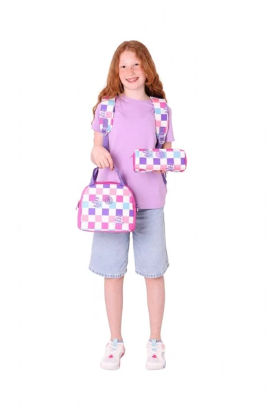 Kaukko Nature Üçlü Kız Çocuk Okul Çanta Seti - Pembe - Dama Desenli - Resim 3