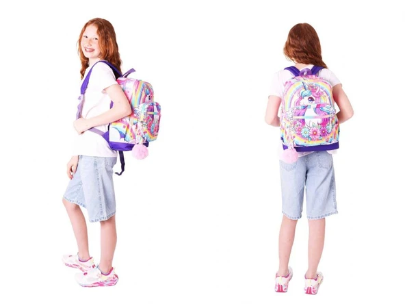 Kaukko Unicorn Baskılı Kız Çocuk Okul Çantası ve Thermo Beslenme Çantası Seti - Pembe Mor (L5249+L7249) - Resim 3
