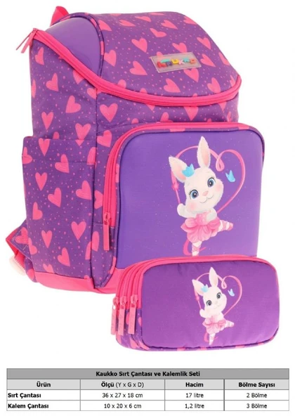 Kaukko Fuşya Mor, Kalpli Tavşan, Kız Çocuk Okul Çantası ve Kalem Çantası Seti - L5246+L8246 - Resim 2