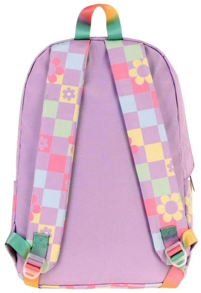 Kaukko Nature Kız Çocuk Üç Bölmeli Mor Pembe Papatya ve Kare Desenli Okul Sırt Çantası - K1786 - Resim 3