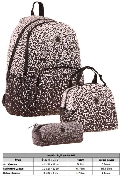 Kaukko Dots Siyah Nokta Desenli Kız Çocuk Üçlü İlkokul ve Ortaokul Çanta Seti - Resim 2