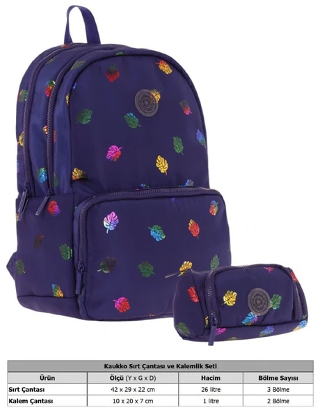 Kaukko Shine Kız Çocuk Yaprak Desenli Lacivert İlkokul, Ortaokul Sırt Çantası ve Kalemlik Seti - 2