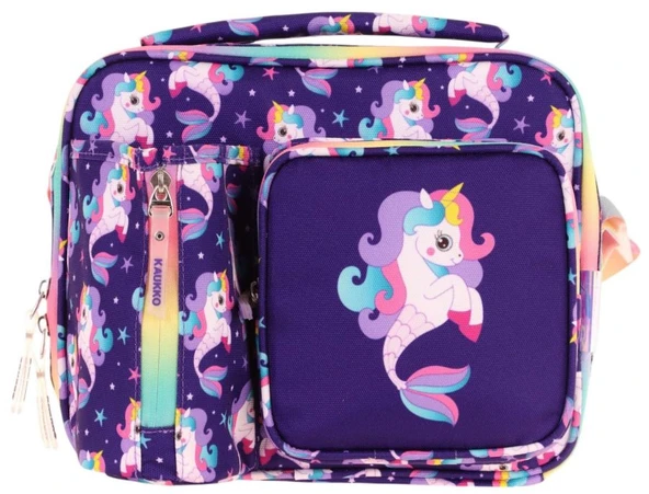 Kaukko Kız Çocuk, Mor Çok Renkli, Unicorn ve Denizkızı Isı Yalıtımlı Üç Bölmeli (Matara Cepli) Okul Beslenme Çantası L7228 - Resim 2