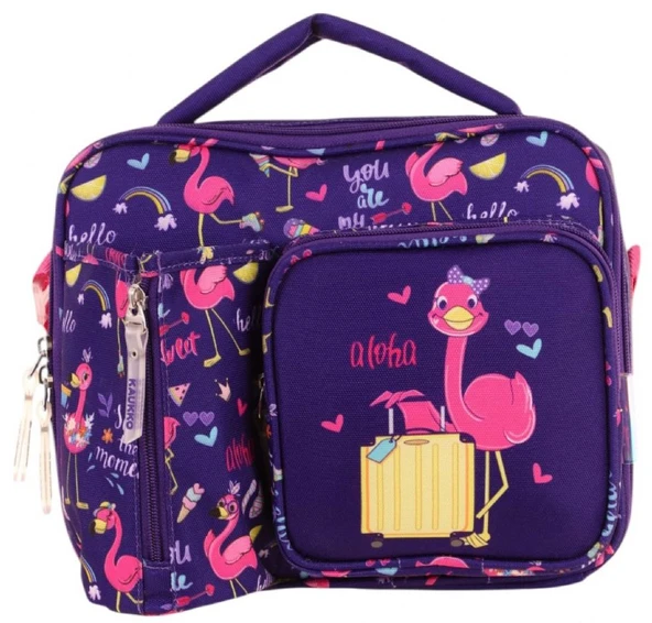 Kaukko Kız Çocuk, Mor Pembe, Flamingo Baskılı Isı Yalıtımlı Üç Bölmeli (Matara Cepli) Okul Beslenme Çantası L7223 - 2