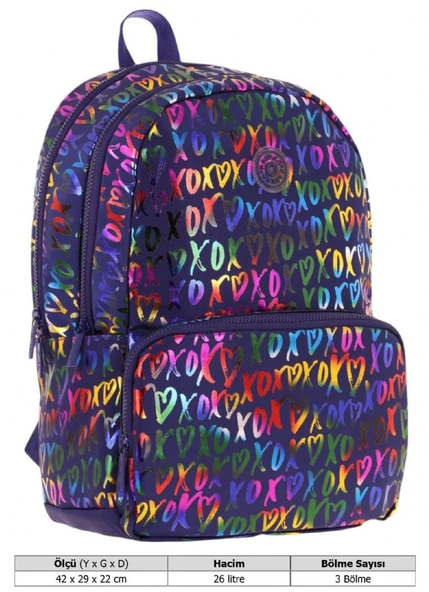 Kaukko Shine Üç Bölmeli Lacivert XOXO Desenli Sırt Çantası - K1779 - Resim 4