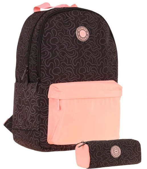 Kaukko Kız Çocuk Çizgi Desenli Üç Gözlü İlkokul Çantası ve Kalemlik Seti - Siyah Somon ürün görseli