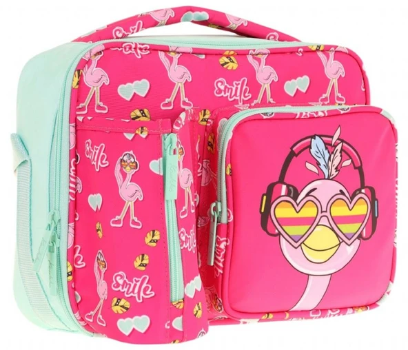 Kaukko Kız Çocuk, Kırmızı Yeşil, Flamingo Desenli Isı Yalıtımlı Üç Bölmeli (Matara Cepli) Okul Beslenme Çantası L7235 ürün görseli