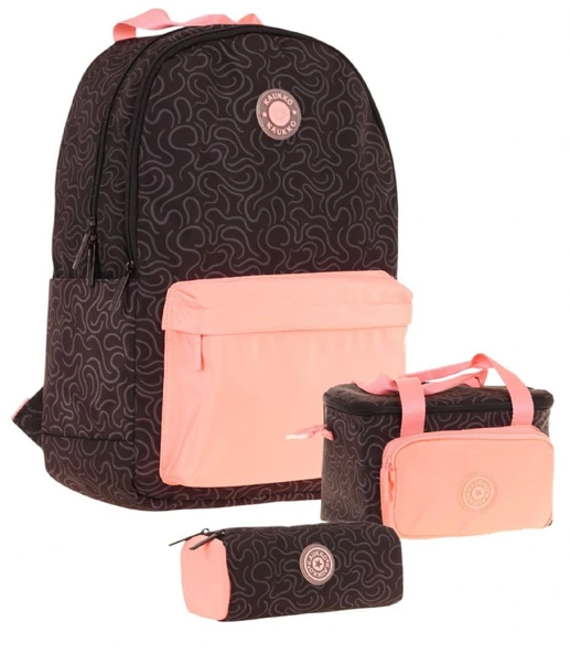 Kaukko Çizgi Desenli Siyah Somon Kız Çocuk Üçlü Okul Çanta Seti ürün görseli