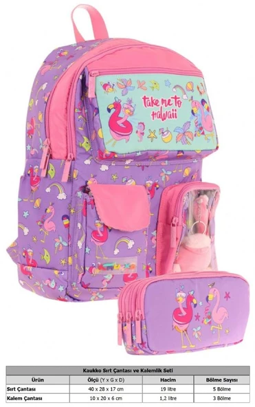 Kaukko Kız Çocuk Beş Bölmeli Okul Çantası ve Üç Bölmeli Kalemlik Seti - Peluş Flamingolu - Mor Pembe - Resim 2