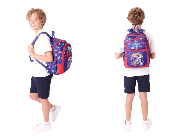 Kaukko Çanta Astronot Desenli Erkek Çocuk Lacivert Kırmızı Okul Çantası ve Thermo Beslenme Çantası Takımı (L5267+L7267) - Resim 3