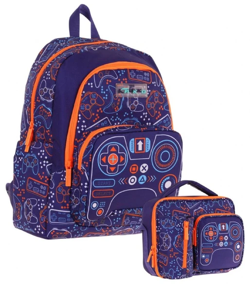 Kaukko Kids Oyun Temalı Erkek Çocuk Lacivert Turuncu Okul Çantası ve Beslenme Çanta Takımı ürün görseli