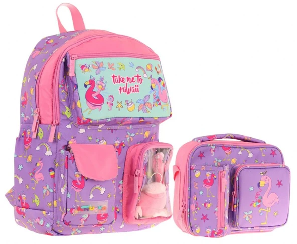 Kaukko Peluş Flamingolu Mor Pembe Kız ÇocukLar İçin Okul Çantası ve Beslenme Çantası Seti (L5240+L7240) ürün görseli