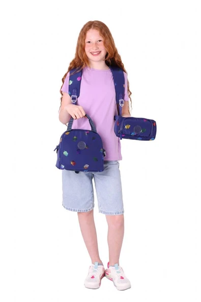 Kaukko Shine Lacivert Yaprak Desenli Kız Çocuk Üçlü Okul Çanta Seti - Resim 4