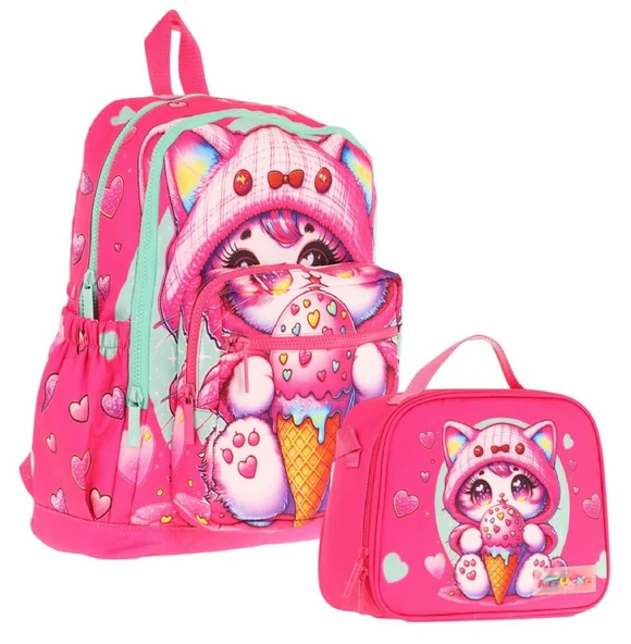Kaukko Dondurma Yiyen Kedi Baskılı Kız Çocuk Okul Çantası ve Thermo Beslenme Çantası Seti - Pembe (L5250+L7250) ürün görseli
