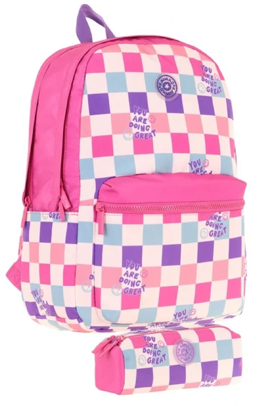 Kaukko Nature Dama Desenli Pembe Kız Çocuk Okul Çantası ve Kalemlik Okul Seti ürün görseli