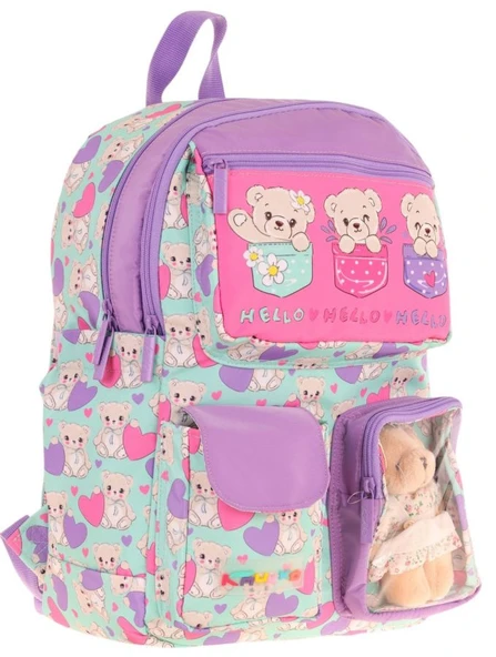 Kaukko Kız Çocuk Peluş Ayıcıklı İlkokul Okul Sırt Çantası - Yeşil Mor - L5239 ürün görseli