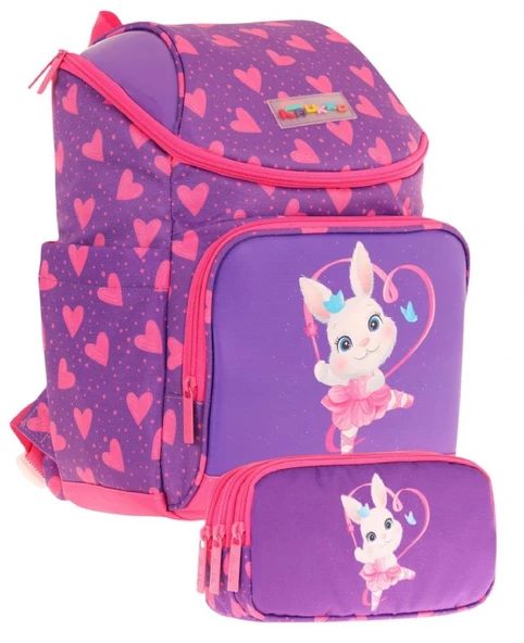 Kaukko Fuşya Mor, Kalpli Tavşan, Kız Çocuk Okul Çantası ve Kalem Çantası Seti - L5246+L8246 ürün görseli