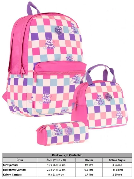 Kaukko Nature Üçlü Kız Çocuk Okul Çanta Seti - Pembe - Dama Desenli - Resim 2