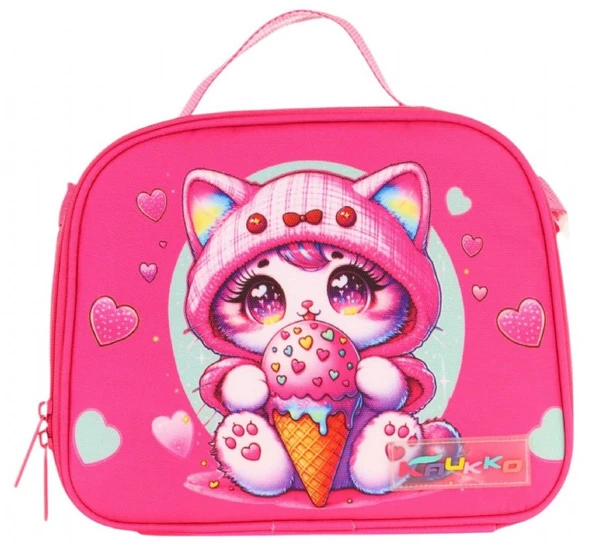 Kaukko Kids Kız Çocuk Isı Yalıtımlı Okul/Piknik Beslenme Çantası (Dondurma Yiyen Kedi) L7250 - 2