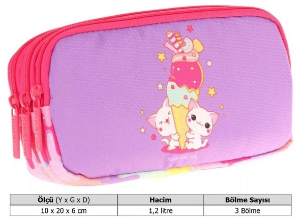 Kaukko Kids Kırmızı Mor, Dondurma Temalı, Kız Çocuk Üç Gözlü Okul Kalem Çantası - L8247 - Resim 3