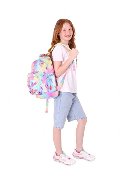 Kaukko Kids Dört Bölmeli Kız Çocuk Silikon Aksesuarlı Mavi Sarı İlkokul Çantası - Resim 5