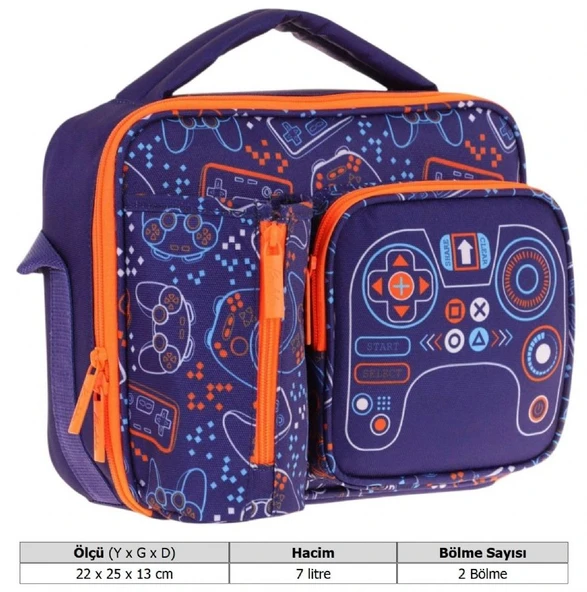Kaukko Erkek Çocuk, Lacivert Turuncu, Oyun Temalı Isı Yalıtımlı Üç Bölmeli (Matara Cepli) Okul Beslenme Çantası L7281 - 3