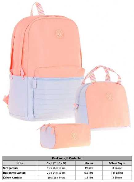 Kaukko Quick Üçlü Kız Çocuk Okul Çanta Seti - Somon - Kapitone Detaylı - 2