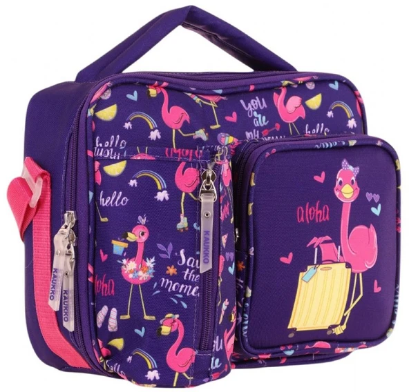 Kaukko Kız Çocuk, Mor Pembe, Flamingo Baskılı Isı Yalıtımlı Üç Bölmeli (Matara Cepli) Okul Beslenme Çantası L7223