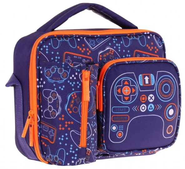 Kaukko Erkek Çocuk, Lacivert Turuncu, Oyun Temalı Isı Yalıtımlı Üç Bölmeli (Matara Cepli) Okul Beslenme Çantası L7281
