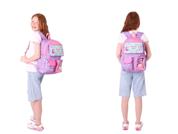 Kaukko Peluş Flamingolu Mor Pembe Kız ÇocukLar İçin Okul Çantası ve Beslenme Çantası Seti (L5240+L7240) - Resim 3
