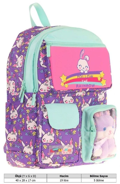 Kaukko Kız Çocuk Peluş Tavşanlı İlkokul Okul Sırt Çantası - Mor Yeşil - L5242 - Resim 4