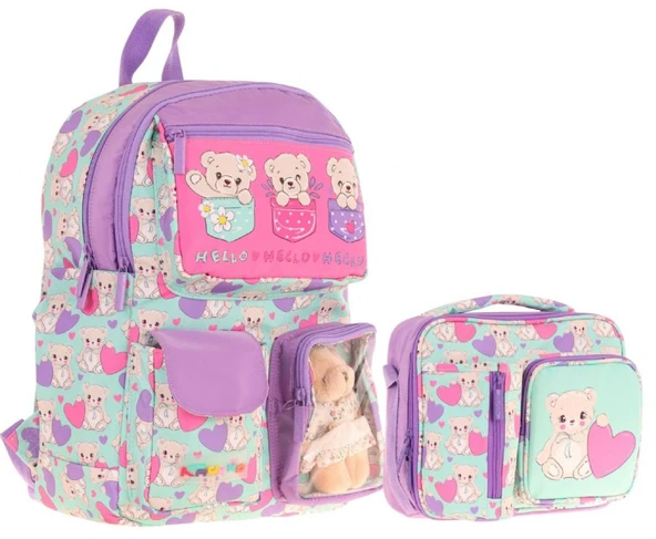 Kaukko Peluş Ayıcıklı Yeşil Mor Kız ÇocukLar İçin Okul Çantası ve Beslenme Çantası Seti (L5239+L7239) ürün görseli