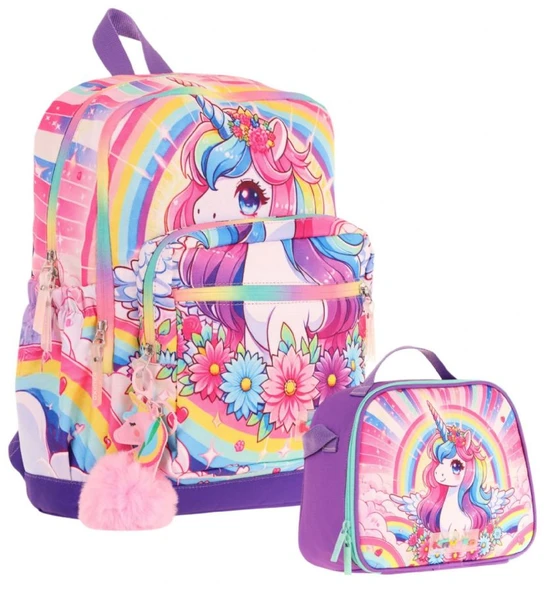 Kaukko Unicorn Baskılı Kız Çocuk Okul Çantası ve Thermo Beslenme Çantası Seti - Pembe Mor (L5249+L7249) ürün görseli