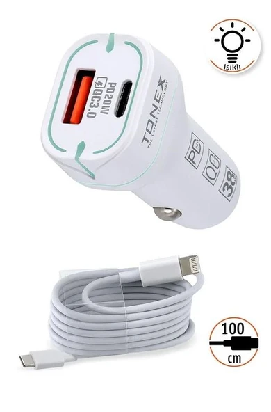 Tonex 38w 2 Girişli Type-C To Lightning Kablolu Araç Şarjı Işıklı LA-38W - 5 ADET - 2