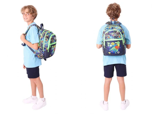 Kaukko Çanta Dinazor Desenli Erkek Çocuk Siyah Yeşil Okul Çantası ve Thermo Beslenme Çantası Takımı (L5266+L7266) - Resim 3