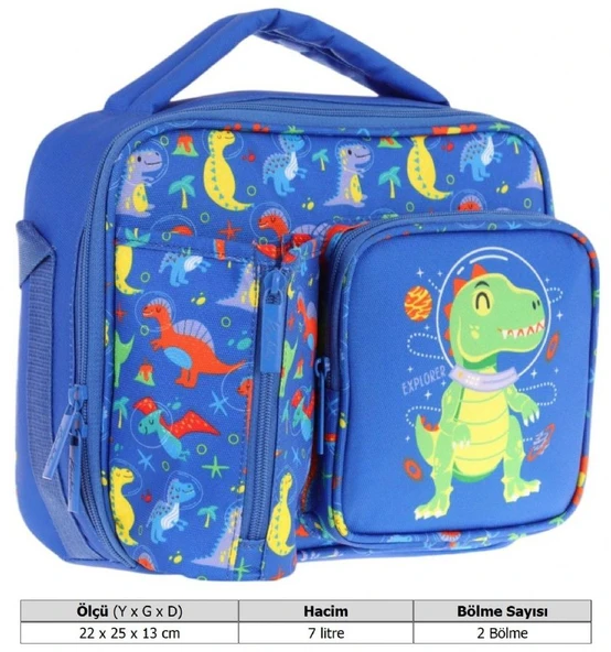 Kaukko Erkek Çocuk, Mavi Yeşil, Dinazor Baskılı Isı Yalıtımlı Üç Bölmeli (Matara Cepli) Okul Beslenme Çantası L7262 - Resim 3